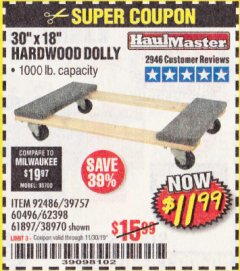 Harbor Freight Coupon 30" X 18" 1000LB. MOVERS DOLLY Lot No. 92486/39757/60496/62398/61897/38970 Expired: 10/30/19 - $11.99