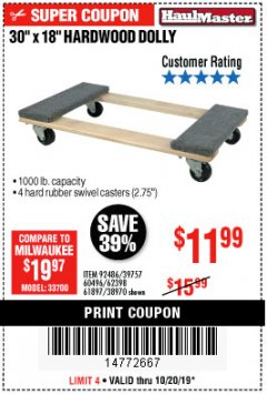 Harbor Freight Coupon 30" X 18" 1000LB. MOVERS DOLLY Lot No. 92486/39757/60496/62398/61897/38970 Expired: 10/20/19 - $11.99