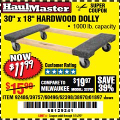 Harbor Freight Coupon 30" X 18" 1000LB. MOVERS DOLLY Lot No. 92486/39757/60496/62398/61897/38970 Expired: 1/15/20 - $11.99