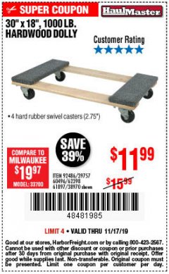 Harbor Freight Coupon 30" X 18" 1000LB. MOVERS DOLLY Lot No. 92486/39757/60496/62398/61897/38970 Expired: 11/17/19 - $11.99