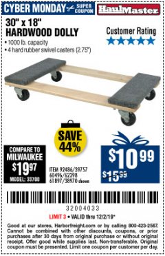 Harbor Freight Coupon 30" X 18" 1000LB. MOVERS DOLLY Lot No. 92486/39757/60496/62398/61897/38970 Expired: 12/1/19 - $10.99