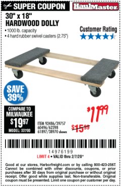 Harbor Freight Coupon 30" X 18" 1000LB. MOVERS DOLLY Lot No. 92486/39757/60496/62398/61897/38970 Expired: 2/7/20 - $11.99