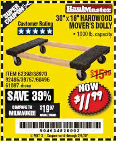 Harbor Freight Coupon 30" X 18" 1000LB. MOVERS DOLLY Lot No. 92486/39757/60496/62398/61897/38970 Expired: 2/8/20 - $11.99