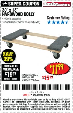 Harbor Freight Coupon 30" X 18" 1000LB. MOVERS DOLLY Lot No. 92486/39757/60496/62398/61897/38970 Expired: 6/30/20 - $11.99