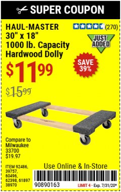 Harbor Freight Coupon 30" X 18" 1000LB. MOVERS DOLLY Lot No. 92486/39757/60496/62398/61897/38970 Expired: 7/31/20 - $11.99