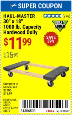 Harbor Freight Coupon 30" X 18" 1000LB. MOVERS DOLLY Lot No. 92486/39757/60496/62398/61897/38970 Expired: 8/31/20 - $11.99