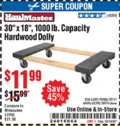Harbor Freight Coupon 30" X 18" 1000LB. MOVERS DOLLY Lot No. 92486/39757/60496/62398/61897/38970 Expired: 12/15/20 - $11.99
