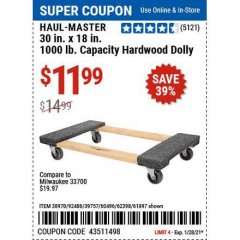 Harbor Freight Coupon 30" X 18" 1000LB. MOVERS DOLLY Lot No. 92486/39757/60496/62398/61897/38970 Expired: 1/28/21 - $11.99