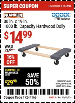 Harbor Freight Coupon 30" X 18" 1000LB. MOVERS DOLLY Lot No. 92486/39757/60496/62398/61897/38970 Expired: 10/13/22 - $14.99