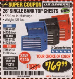 Harbor Freight Coupon 26" SINGLE BANK TOP CHESTS Lot No. 64160/64161/64429/64430/64427/64428/56107/56231/56109/56232/56108/56230 Expired: 3/31/19 - $169.99