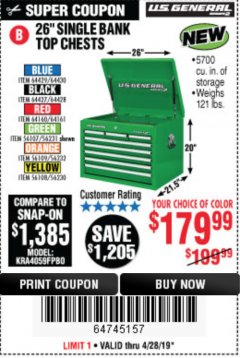Harbor Freight Coupon 26" SINGLE BANK TOP CHESTS Lot No. 64160/64161/64429/64430/64427/64428/56107/56231/56109/56232/56108/56230 Expired: 4/29/19 - $179.99