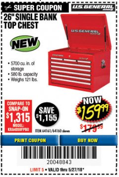 Harbor Freight Coupon 26" SINGLE BANK TOP CHESTS Lot No. 64160/64161/64429/64430/64427/64428/56107/56231/56109/56232/56108/56230 Expired: 5/27/18 - $159.99