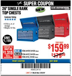Harbor Freight Coupon 26" SINGLE BANK TOP CHESTS Lot No. 64160/64161/64429/64430/64427/64428/56107/56231/56109/56232/56108/56230 Expired: 7/29/18 - $159.99