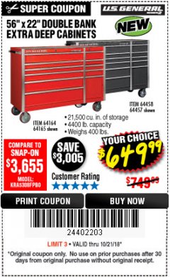 Harbor Freight Coupon 56" X 22" DOUBLE BANK EXTRA DEEP CABINETS Lot No. 64458/64457/64164/64165/64866/64864/56110/56111/56112 Expired: 10/21/18 - $649.99