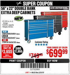 Harbor Freight Coupon 56" X 22" DOUBLE BANK EXTRA DEEP CABINETS Lot No. 64458/64457/64164/64165/64866/64864/56110/56111/56112 Expired: 3/24/19 - $699.99