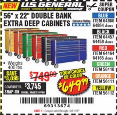 Harbor Freight Coupon 56" X 22" DOUBLE BANK EXTRA DEEP CABINETS Lot No. 64458/64457/64164/64165/64866/64864/56110/56111/56112 Expired: 10/11/19 - $649.99