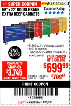 Harbor Freight Coupon 56" X 22" DOUBLE BANK EXTRA DEEP CABINETS Lot No. 64458/64457/64164/64165/64866/64864/56110/56111/56112 Expired: 10/20/19 - $699.99