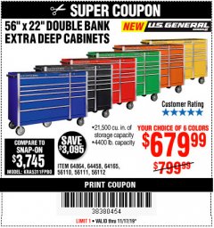 Harbor Freight Coupon 56" X 22" DOUBLE BANK EXTRA DEEP CABINETS Lot No. 64458/64457/64164/64165/64866/64864/56110/56111/56112 Expired: 11/17/19 - $679.99