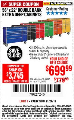 Harbor Freight Coupon 56" X 22" DOUBLE BANK EXTRA DEEP CABINETS Lot No. 64458/64457/64164/64165/64866/64864/56110/56111/56112 Expired: 11/24/19 - $699.99