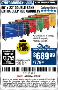 Harbor Freight Coupon 56" X 22" DOUBLE BANK EXTRA DEEP CABINETS Lot No. 64458/64457/64164/64165/64866/64864/56110/56111/56112 Expired: 12/1/19 - $699.99