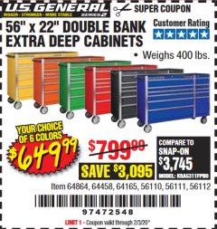 Harbor Freight Coupon 56" X 22" DOUBLE BANK EXTRA DEEP CABINETS Lot No. 64458/64457/64164/64165/64866/64864/56110/56111/56112 Expired: 2/3/20 - $649.99