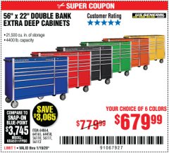 Harbor Freight Coupon 56" X 22" DOUBLE BANK EXTRA DEEP CABINETS Lot No. 64458/64457/64164/64165/64866/64864/56110/56111/56112 Expired: 1/19/20 - $679.99