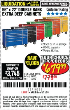 Harbor Freight Coupon 56" X 22" DOUBLE BANK EXTRA DEEP CABINETS Lot No. 64458/64457/64164/64165/64866/64864/56110/56111/56112 Expired: 3/31/20 - $679.99