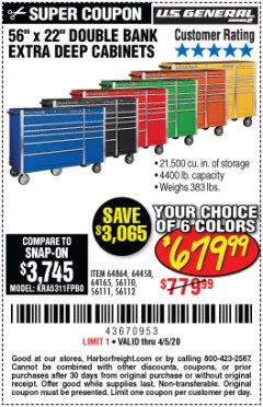 Harbor Freight Coupon 56" X 22" DOUBLE BANK EXTRA DEEP CABINETS Lot No. 64458/64457/64164/64165/64866/64864/56110/56111/56112 Expired: 6/30/20 - $679.99