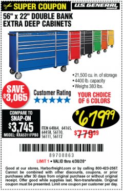Harbor Freight Coupon 56" X 22" DOUBLE BANK EXTRA DEEP CABINETS Lot No. 64458/64457/64164/64165/64866/64864/56110/56111/56112 Expired: 6/30/20 - $679