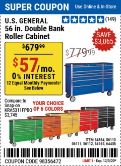 Harbor Freight Coupon 56" X 22" DOUBLE BANK EXTRA DEEP CABINETS Lot No. 64458/64457/64164/64165/64866/64864/56110/56111/56112 Expired: 12/3/20 - $679.99