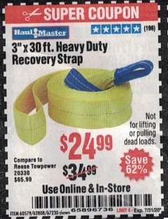 Harbor Freight Coupon 3" X 30 FT. HEAVY DUTY RECOVERY STRAP Lot No. 67230/62808/60579 Expired: 7/31/20 - $24.99