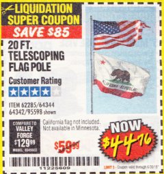 Harbor Freight Coupon 20 FT. TELESCOPING FLAG POLE Lot No. 62285/64344/64342/95598 Expired: 6/30/18 - $44.76