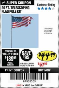 Harbor Freight Coupon 20 FT. TELESCOPING FLAG POLE Lot No. 62285/64344/64342/95598 Expired: 5/31/19 - $44.99