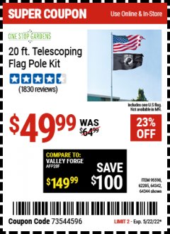 Harbor Freight Coupon 20 FT. TELESCOPING FLAG POLE Lot No. 62285/64344/64342/95598 Expired: 5/22/22 - $49.99