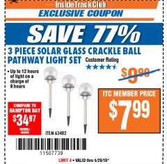 Harbor Freight ITC Coupon 3 PIECE SOLAR GLASS CRACKLE BALL PATHWAY LIGHT SET Lot No. 63482 Expired: 5/29/18 - $7.99