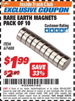 Harbor Freight ITC Coupon RARE EARTH MAGNETS PACK OF 10 Lot No. 67488 Expired: 6/30/18 - $1.99