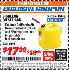 Harbor Freight ITC Coupon 5 GALLON DIESEL CAN Lot No. 63481 Expired: 6/30/18 - $17.99