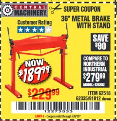 Harbor Freight Coupon 36" METAL BRAKE WITH STAND Lot No. 91012/62335/62518 Expired: 7/6/18 - $189.99