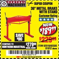 Harbor Freight Coupon 36" METAL BRAKE WITH STAND Lot No. 91012/62335/62518 Expired: 9/10/18 - $189.99