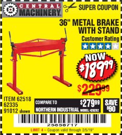 Harbor Freight Coupon 36" METAL BRAKE WITH STAND Lot No. 91012/62335/62518 Expired: 2/5/19 - $189.99