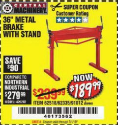 Harbor Freight Coupon 36" METAL BRAKE WITH STAND Lot No. 91012/62335/62518 Expired: 7/1/19 - $189.99