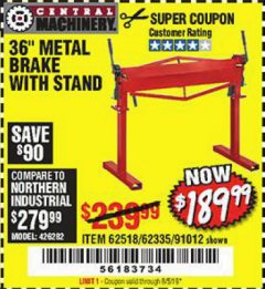 Harbor Freight Coupon 36" METAL BRAKE WITH STAND Lot No. 91012/62335/62518 Expired: 8/5/19 - $189.99