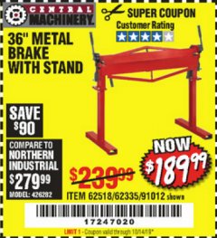 Harbor Freight Coupon 36" METAL BRAKE WITH STAND Lot No. 91012/62335/62518 Expired: 10/14/19 - $189.99