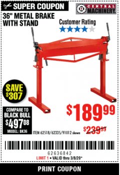 Harbor Freight Coupon 36" METAL BRAKE WITH STAND Lot No. 91012/62335/62518 Expired: 3/8/20 - $189.99