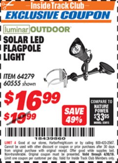 Harbor Freight ITC Coupon SOLAR LED FLAGPOLE LIGHT Lot No. 64279 Expired: 4/30/19 - $16.99