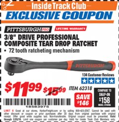 Harbor Freight ITC Coupon 3/8" DRIVE PROFESSIONAL COMPOSITE TEAR DROP RATCHET Lot No. 62318 Expired: 2/28/19 - $11.99
