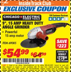 Harbor Freight ITC Coupon 9", 15 AMP HEAVY DUTY ANGLE GRINDER Lot No. 69085 Expired: 2/28/19 - $54.99