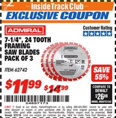 Harbor Freight ITC Coupon 7-14", 24 TOOTH FRAMING SAW BLADES PACK OF 3 Lot No. 62742 Expired: 8/31/18 - $11.99