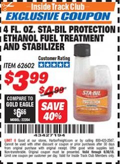 Harbor Freight ITC Coupon 4 FL. OZ. STA-BIL PROTECTION ETHANOL FUEL TREATMENT AND STABILIZER Lot No. 62602 Expired: 6/30/18 - $3.99