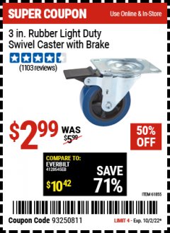 Harbor Freight Coupon 3" RUBBER LIGHT DUTY SWIVEL CASTER WITH BRAKE Lot No. 61855/95356 EXPIRES: 10/2/22 - $2.99